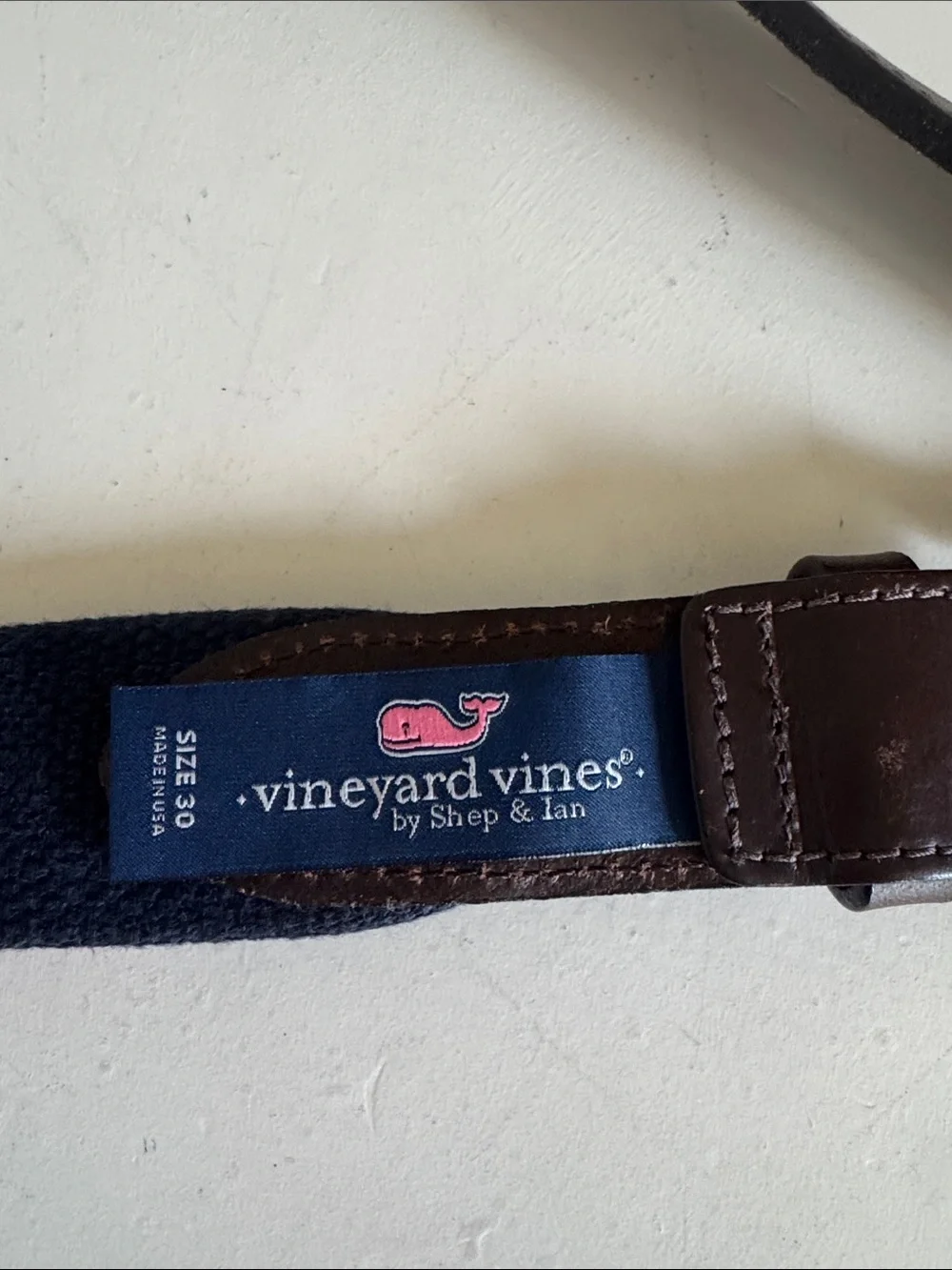Men's Vineyard Vines Red American Flag Patte Fabric Belt with Brown Leather Trim